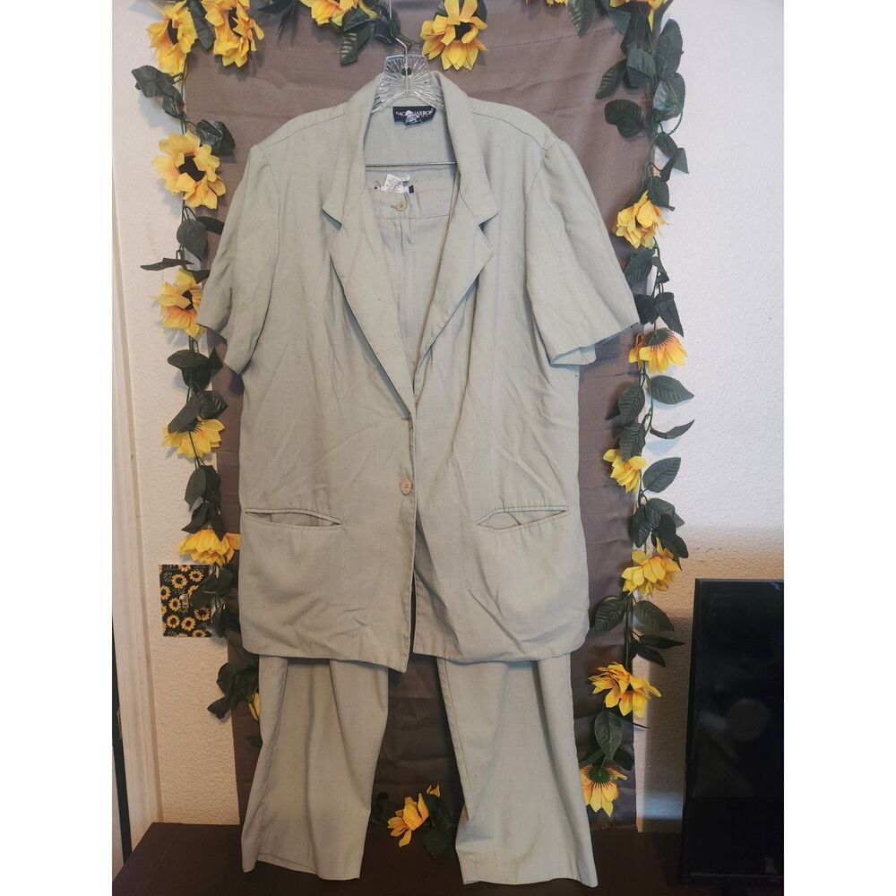 Vintage Sag Harbor Woman Pant Suit Set 20W 22W Sage Green Linen